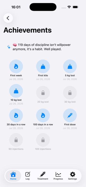 Semly's Achievements screen, with unlocked and locked badges