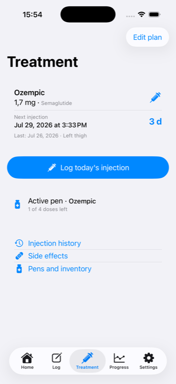Semly's Treatment screen, with the active plan and next injection
